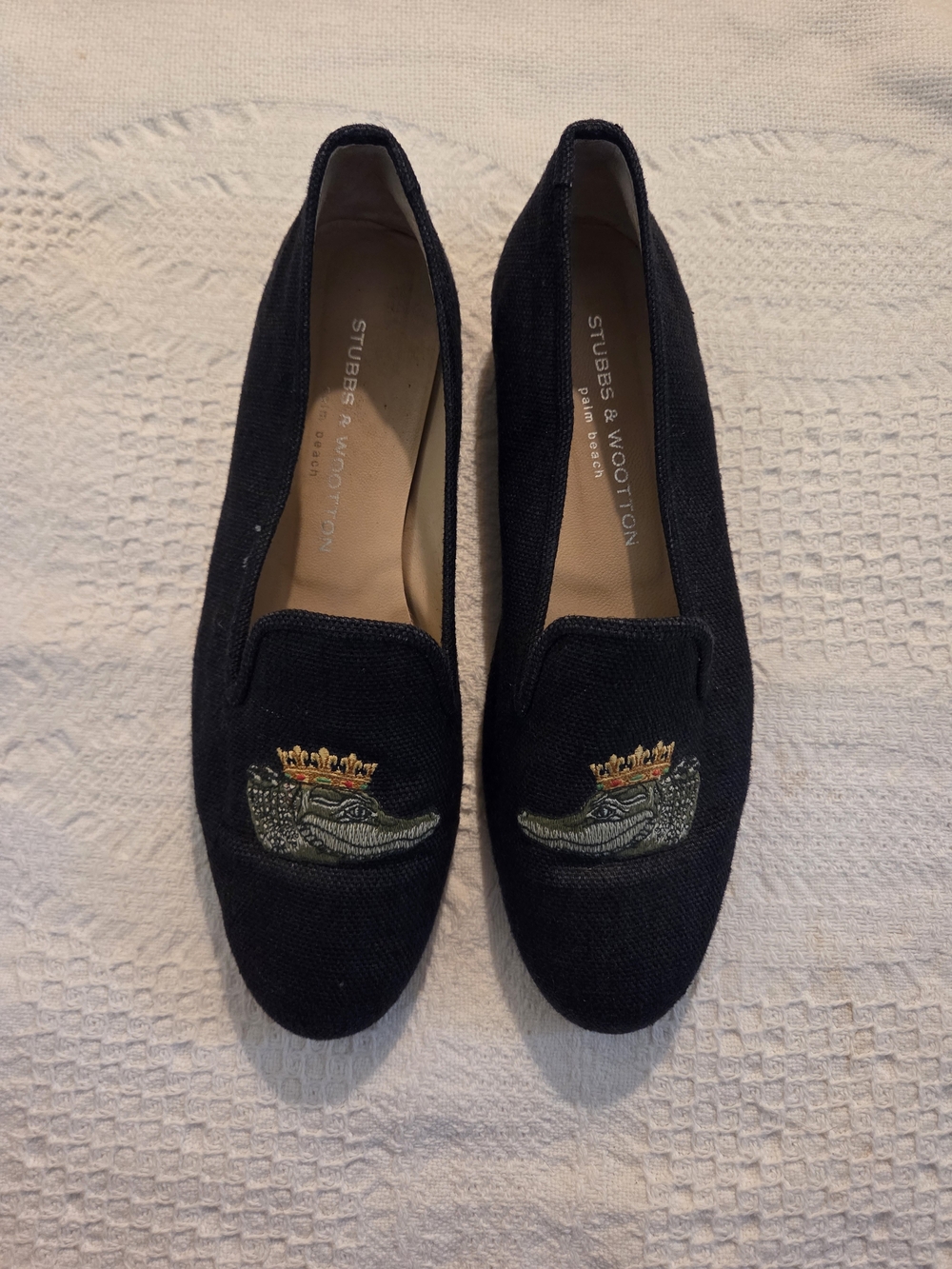 Stubbs & Wootton Black Embroidered Crocodile Crest Loafers